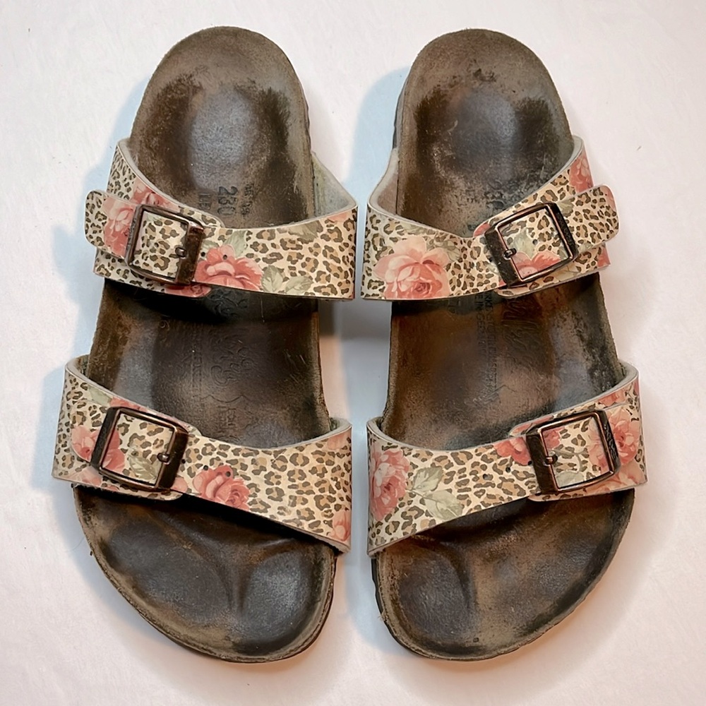 Birki’s by Birkenstock Cheetah Pink Rose Design Two Strap Slide Sandals Sz 36